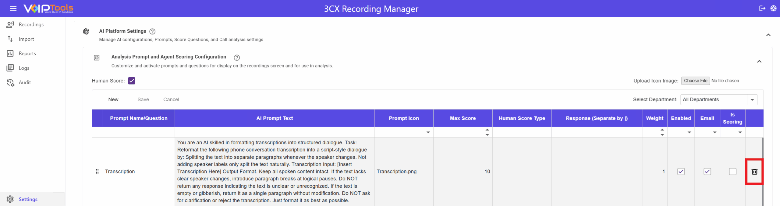 Analysis Prompt and Agent Scoring Configuration Delete Button