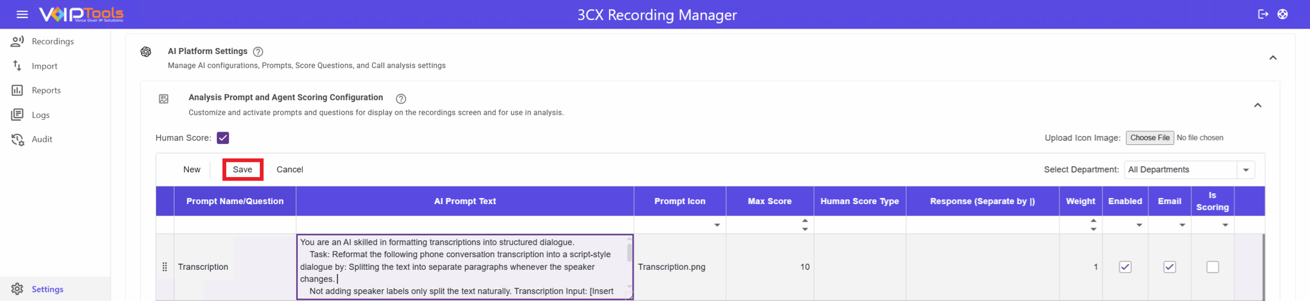 Analysis Prompt and Agent Scoring Configuration Save Button