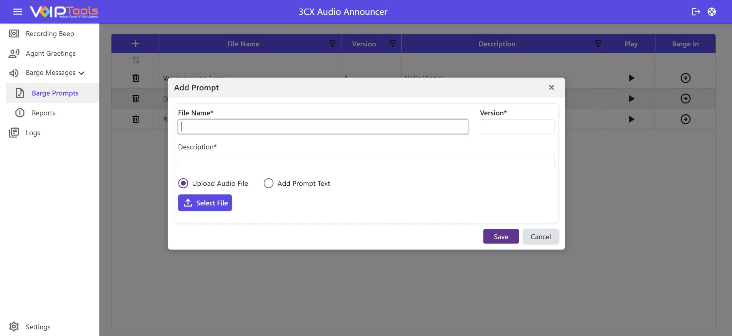 Upload Audio File checkbox